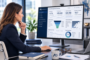 Professional revenue cycle management workspace showing a medical billing denial analytics dashboard and electronic claim scrubbing software for Archer & Clay.