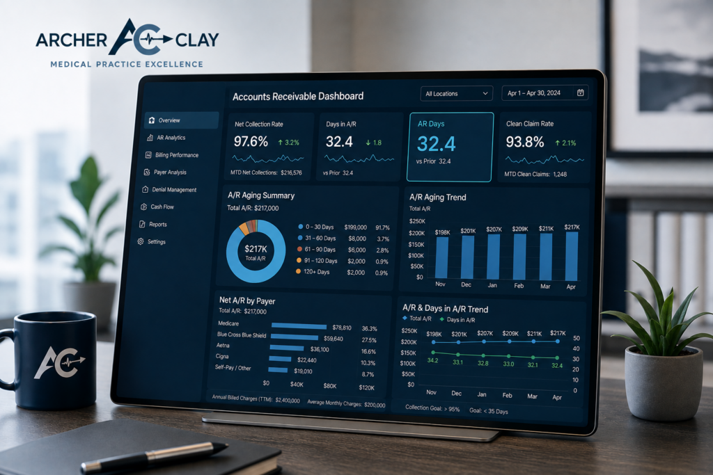 Corporate healthcare finance dashboard showing revenue cycle management KPI analytics and tracking for Days in Accounts Receivable for Archer & Clay.