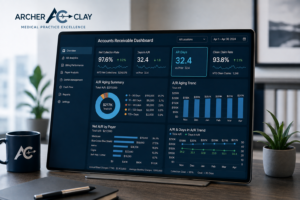 Corporate healthcare finance dashboard showing revenue cycle management KPI analytics and tracking for Days in Accounts Receivable for Archer & Clay.
