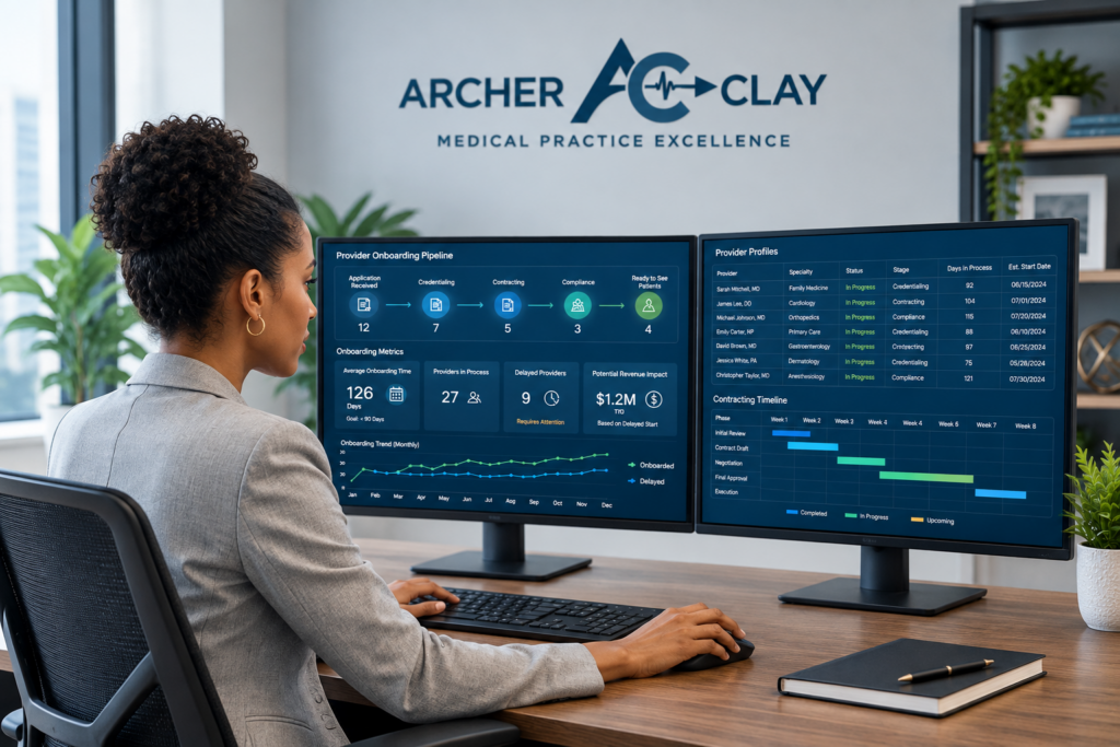 An executive practice management workspace showcasing digital provider credentialing tracking dashboards and payer contract verification timelines for Archer & Clay.