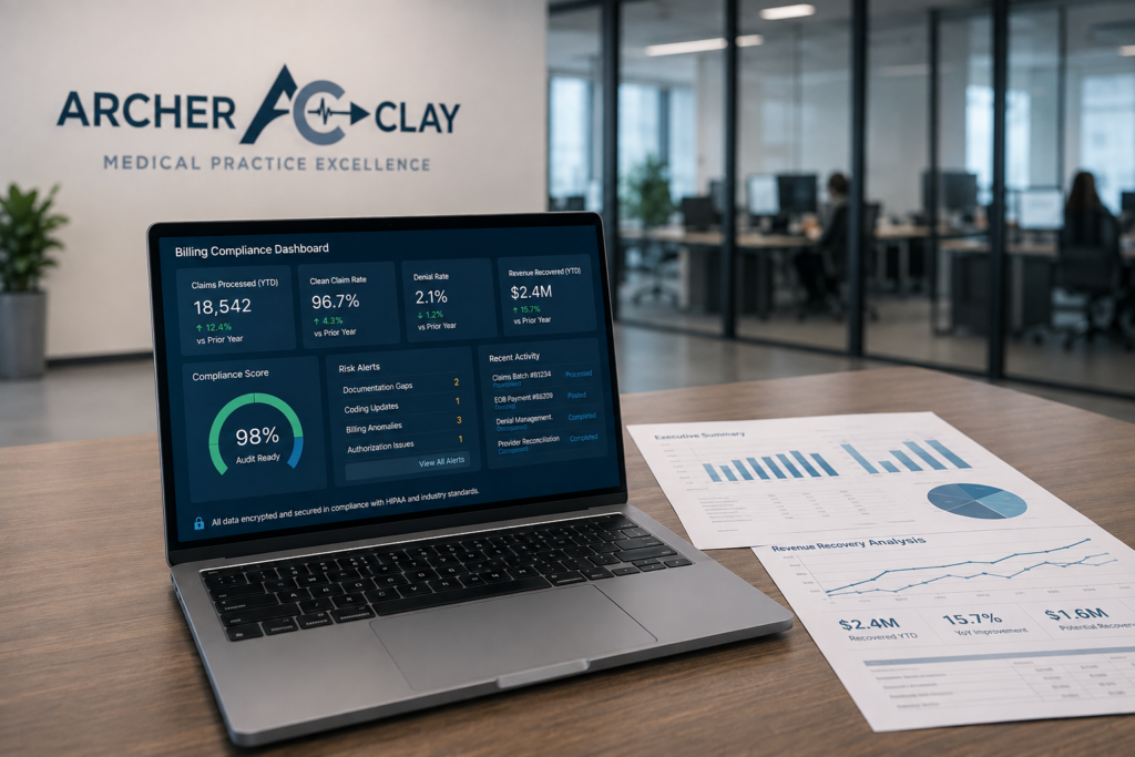 An enterprise revenue cycle management platform displaying encrypted billing compliance metrics and automated remittance posting workflows for Archer & Clay.