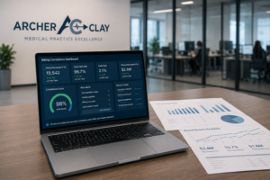 An enterprise revenue cycle management platform displaying encrypted billing compliance metrics and automated remittance posting workflows for Archer & Clay.