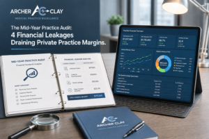 A high-end corporate office desk layout featuring a financial audit report, an analytics tablet tracking revenue recovery metrics, and an active practice scorecard for Archer & Clay.
