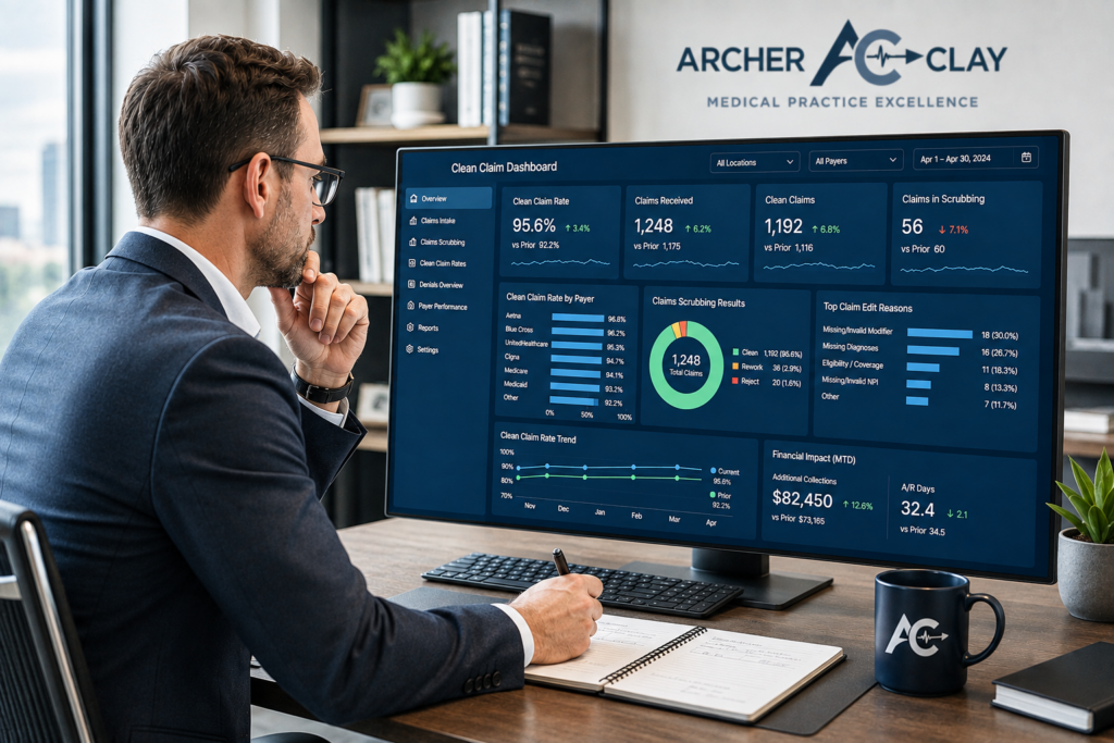 An executive billing consultant tracking data analytics and clean claim rates on an advanced revenue cycle management dashboard for Archer & Clay.