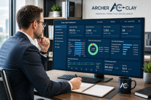 An executive billing consultant tracking data analytics and clean claim rates on an advanced revenue cycle management dashboard for Archer & Clay.