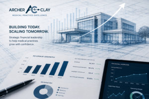 A corporate business growth briefing showing healthcare operational scalability tracking and revenue cycle management metrics for Archer & Clay.