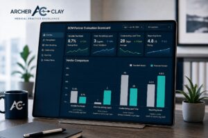 Archer & Clay RCM Partner Evaluation Scorecard dashboard comparing a standard vendor to a premium revenue cycle management partner